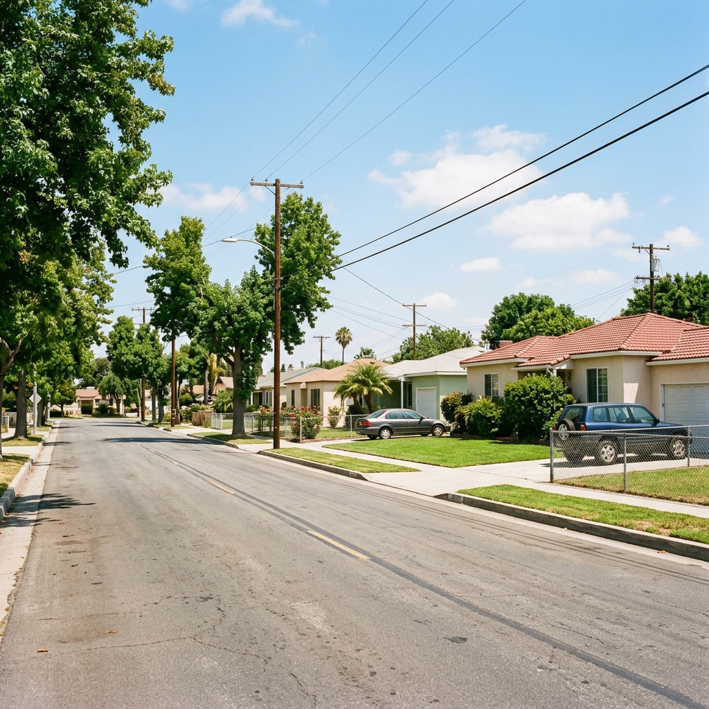 Residential neighborhood in Arleta, CA with single-family homes and shade trees in the San Fernando Valley