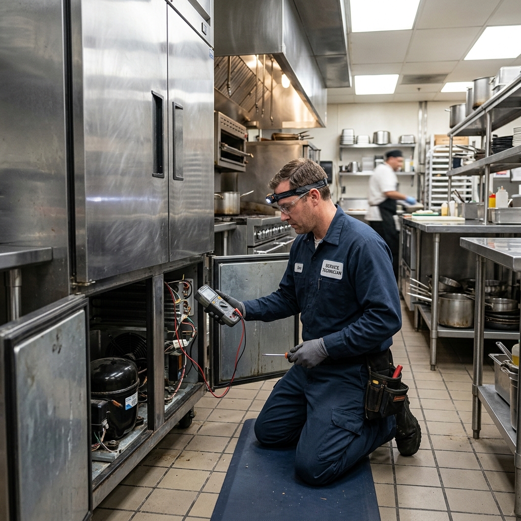 Professional commercial appliance repair technician servicing restaurant kitchen equipment in Panorama City CA