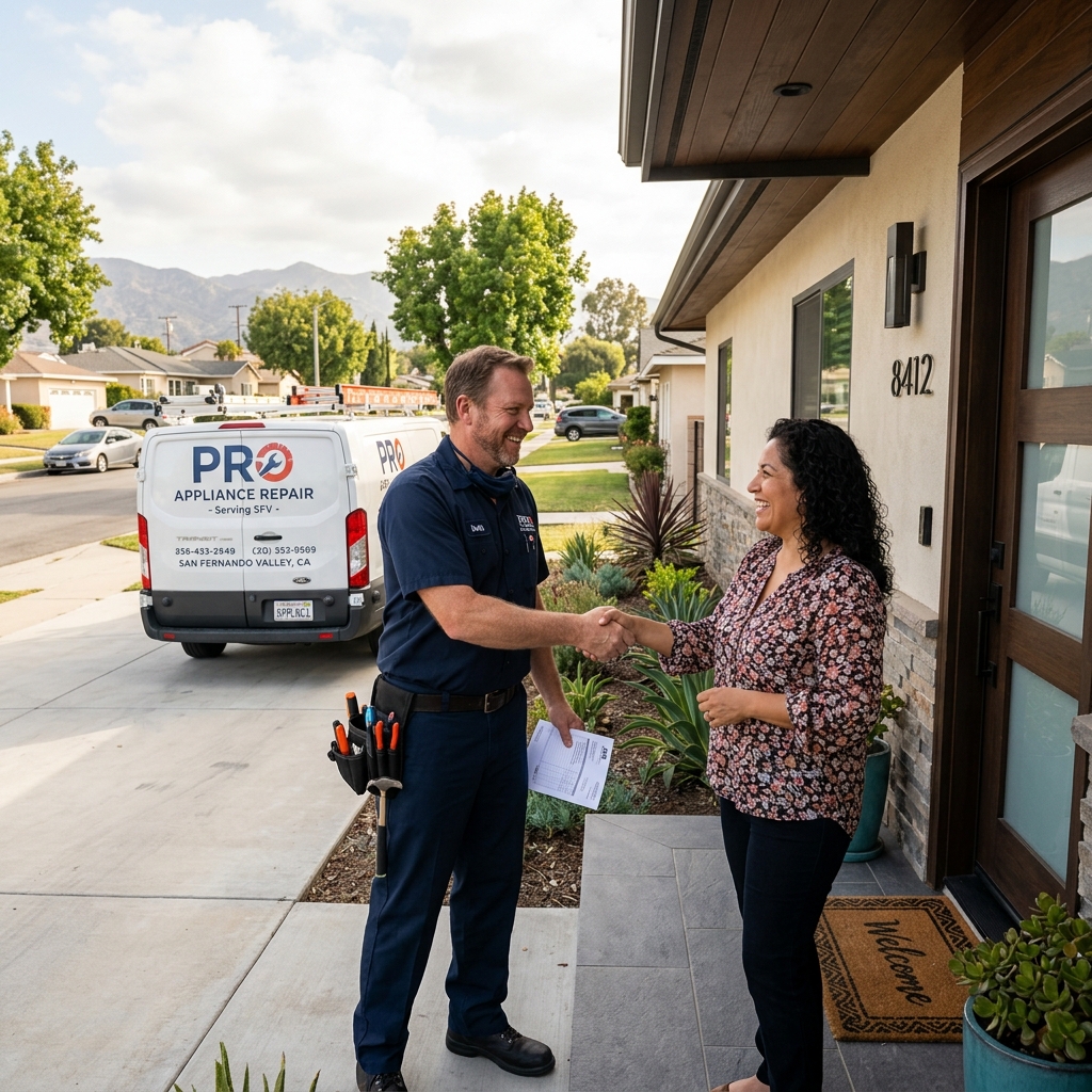 Appliance repair technician greeting a homeowner at the front door of a Panorama City, California residence in the San Fernando Valley