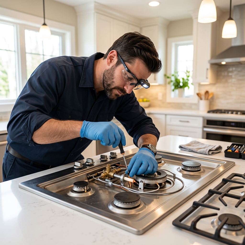 Professional cooktop repair technician servicing a built-in gas cooktop in a Panorama City CA kitchen