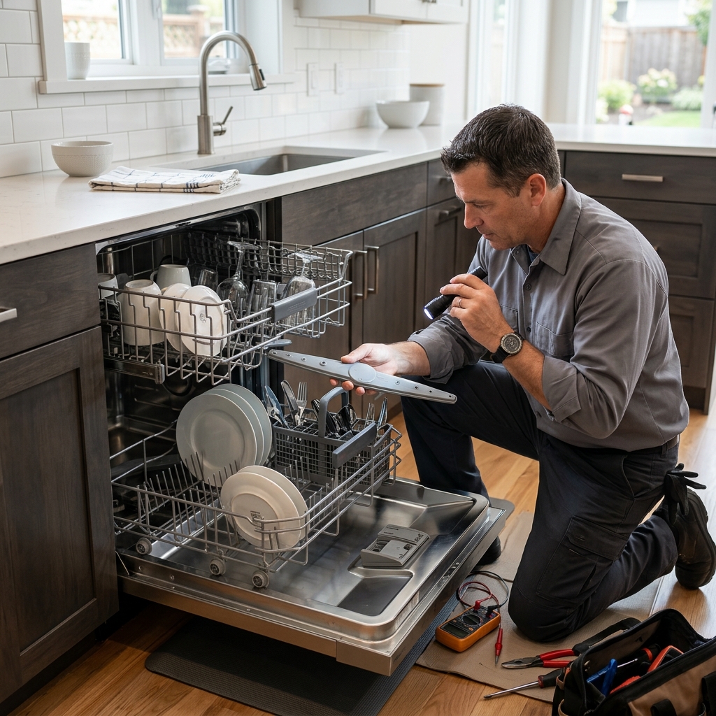 Professional dishwasher maintenance technician performing preventive inspection in a Panorama City CA home