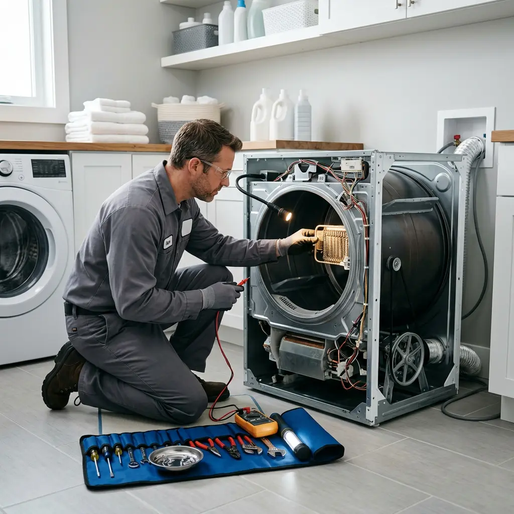 Dryer vent and heating system inspection in a compact laundry closet in a Panorama City, CA apartment