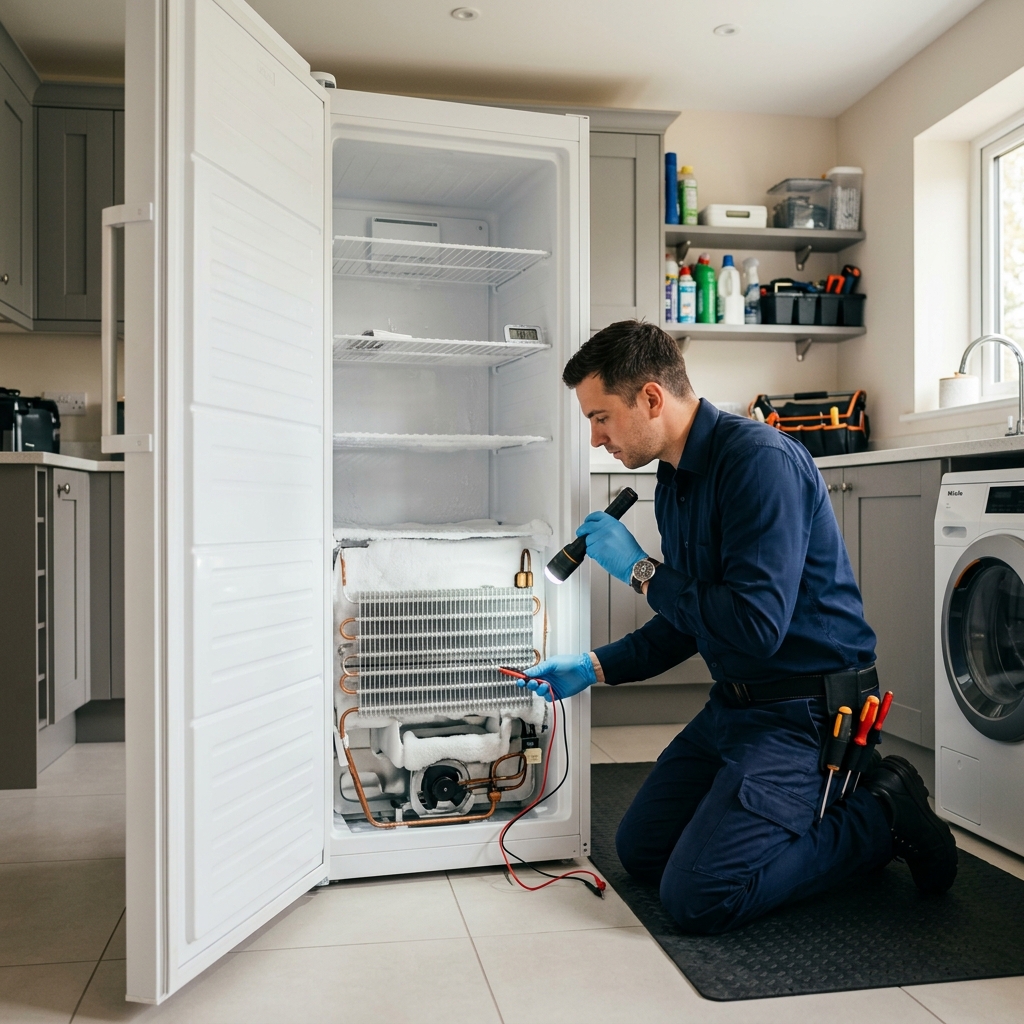 Professional ice maker repair technician performing diagnostics on an ice production system in a Panorama City CA home