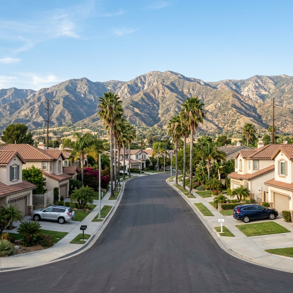 Upscale suburban neighborhood in Granada Hills, CA with mature trees and mountain views in the northwest San Fernando Valley