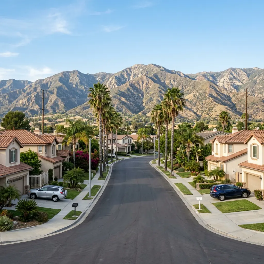 Upscale suburban neighborhood in Granada Hills, CA with mature trees and mountain views in the northwest San Fernando Valley