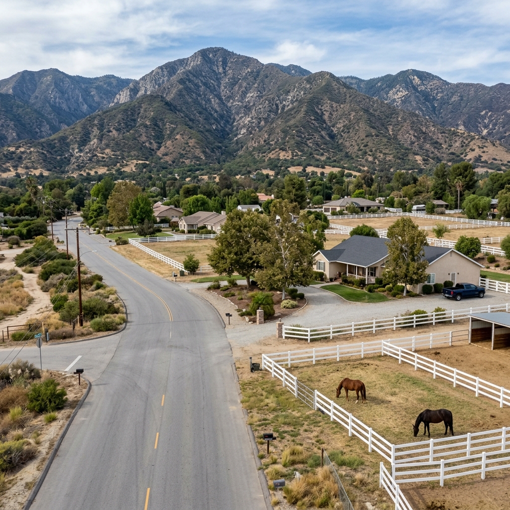 Rural-suburban neighborhood in Lake View Terrace, CA with ranch properties and San Gabriel Mountain views