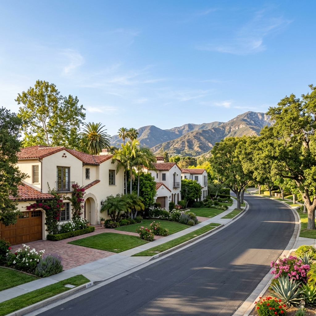 Residential street in Mission Hills, CA featuring Spanish colonial homes with mature landscaping in the San Fernando Valley