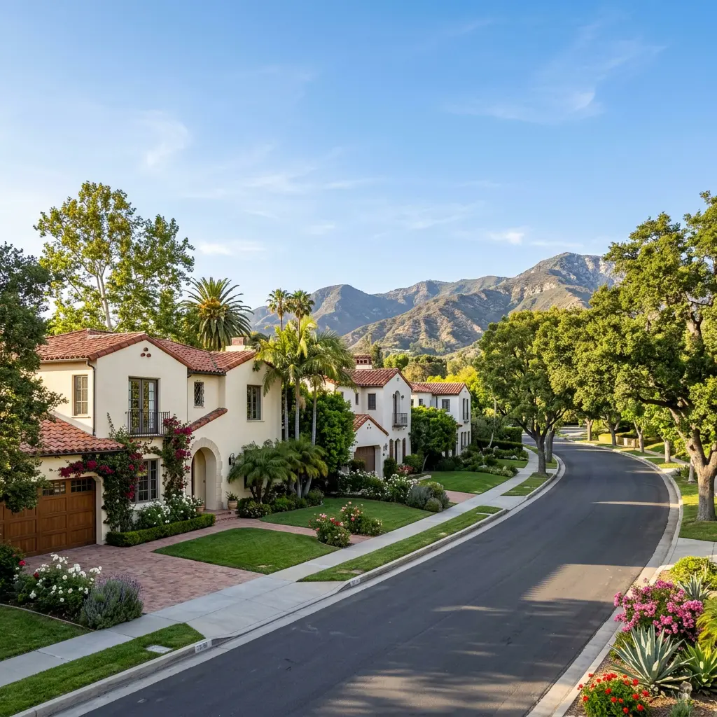 Residential street in Mission Hills, CA featuring Spanish colonial homes with mature landscaping in the San Fernando Valley