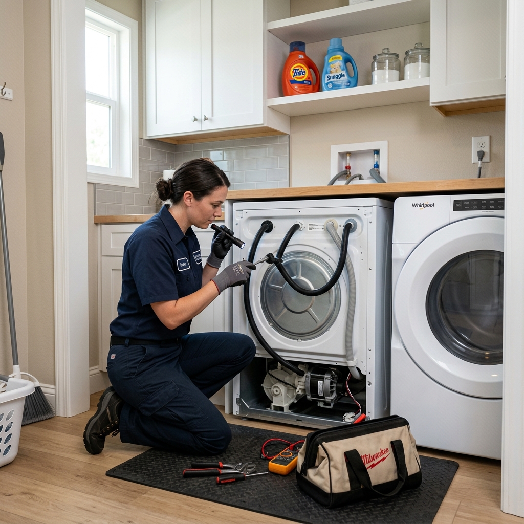 Washing machine drain pump repair in a compact laundry closet in a Panorama City, California apartment near Roscoe Boulevard