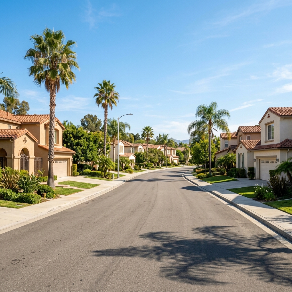 Tree-lined residential street in the San Fernando Valley near Panorama City, California with single-family homes and well-maintained yards
