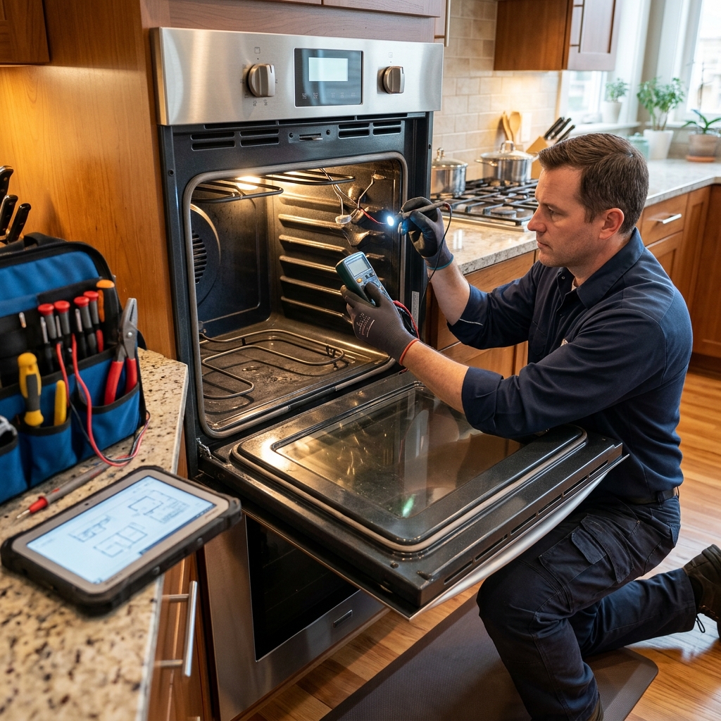 Professional oven maintenance technician performing preventive inspection in a Panorama City CA home