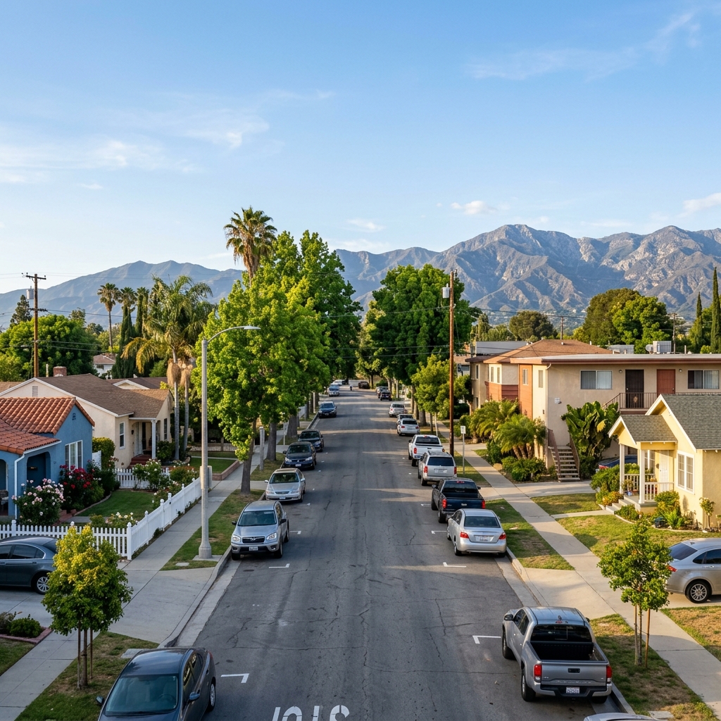 Residential area in Pacoima, CA with homes and San Gabriel Mountains visible in the San Fernando Valley