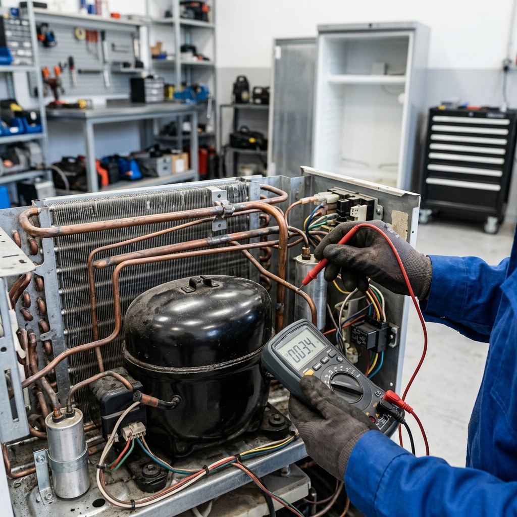 Refrigerator compressor diagnostic testing in a residential condominium kitchen in Panorama City, CA 91402