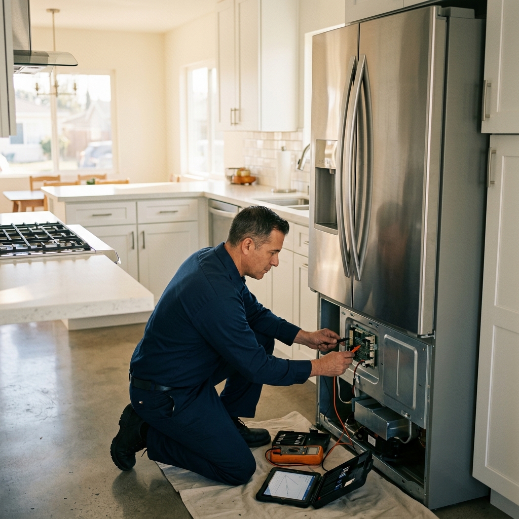 Professional refrigerator repair technician performing cooling diagnostics in a Panorama City CA kitchen