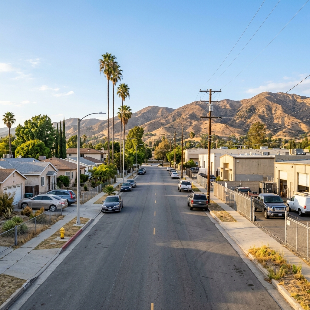 Suburban neighborhood in Sun Valley, CA with palm trees and dry hills in the San Fernando Valley