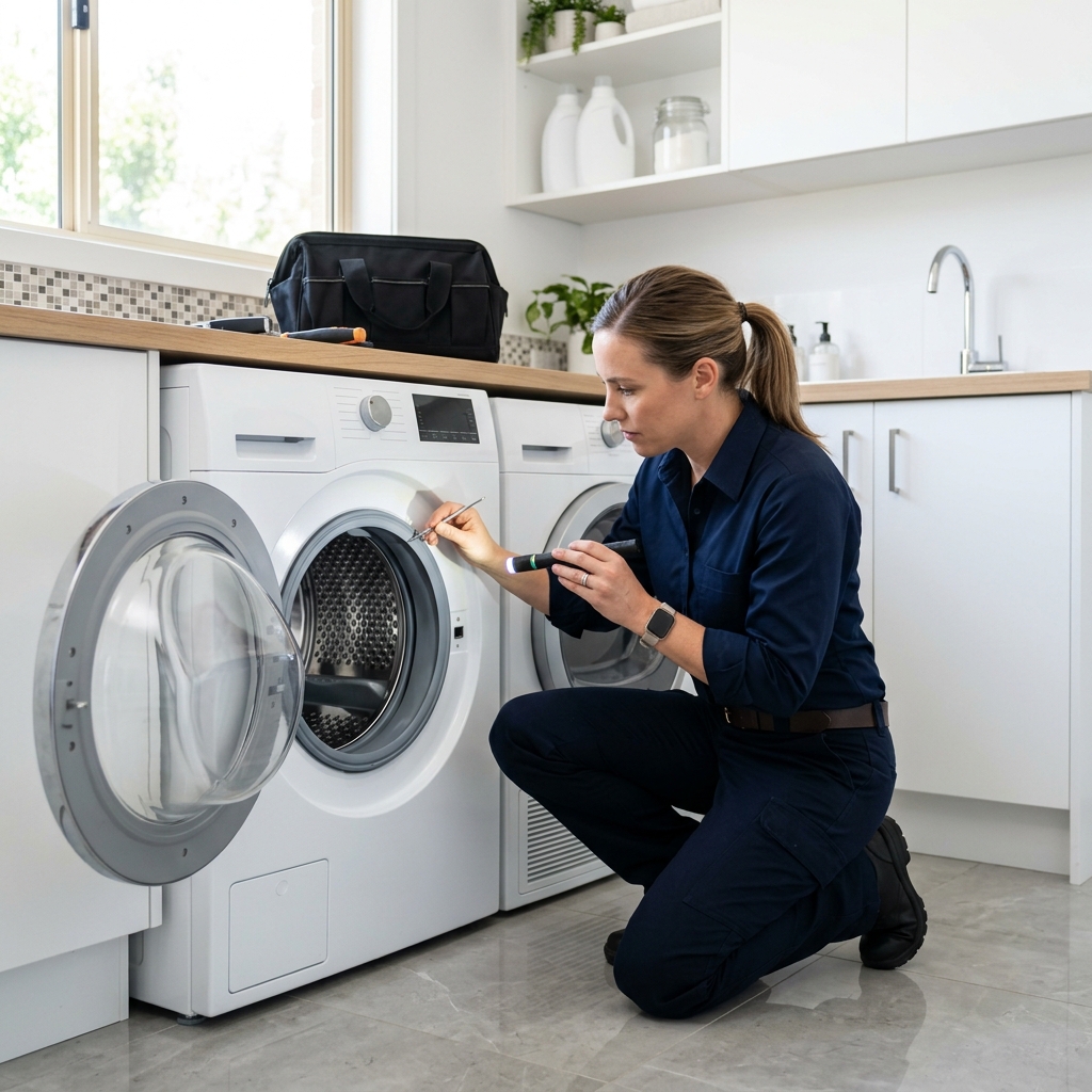 Appliance technician diagnosing a washing machine leak in a residential laundry area in Panorama City, California