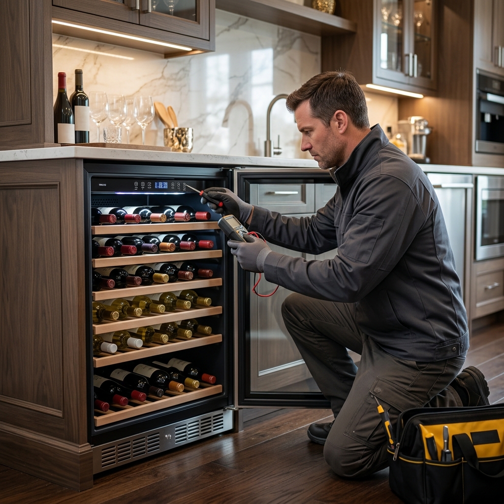 Professional wine cooler maintenance technician performing preventive inspection in a Panorama City CA home